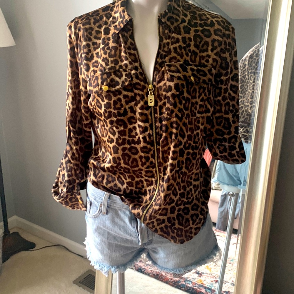 NWOT MICHAEL KORS FULL ZIP BLOUSE LEOPARD PRINT SIZE SMALL